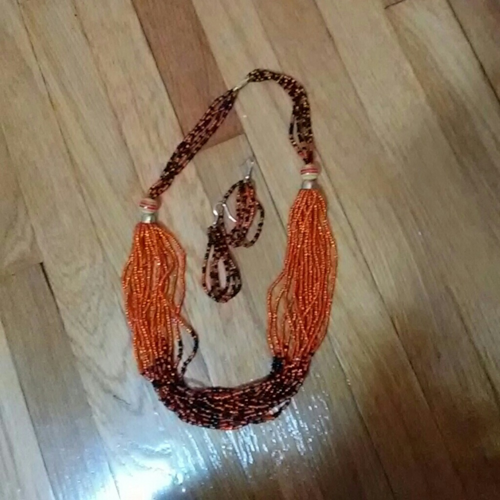 Orange & Black Beaded Necklace &  Earring Set